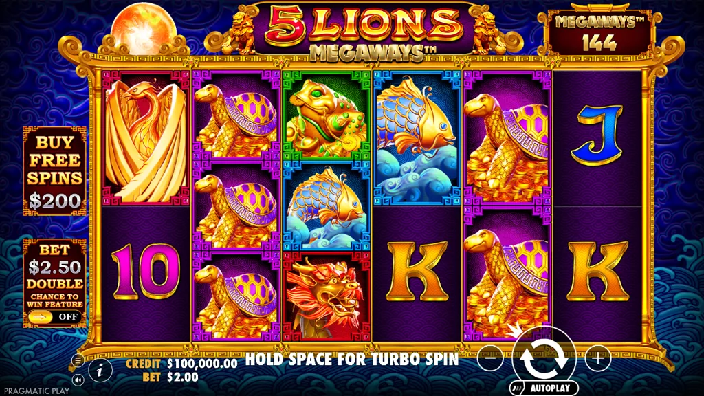 5 Lions Megaways Basisspiel mit asiatischem Megaways-Raster