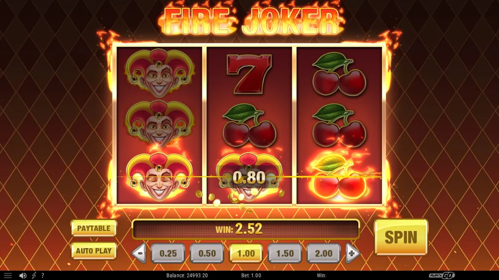Fire Joker Gewinn mit 2,52, die Symbole stehen in Flammen