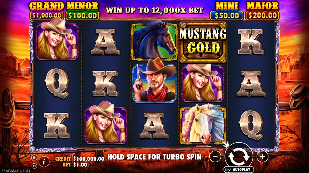 Mustang Gold Basisspiel mit Wildwest-Prärie-Thema