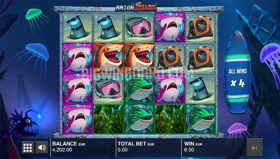 Razor Shark Spielansicht – Walzenraster mit Symbolen