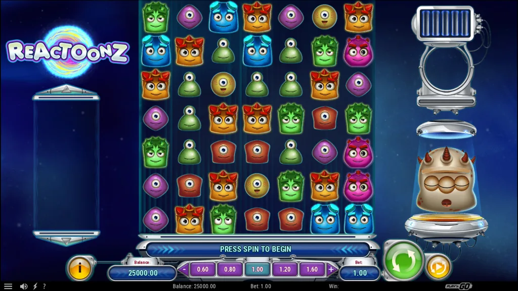 Reactoonz Basisspiel mit Cluster-Raster voller bunter Kreaturen