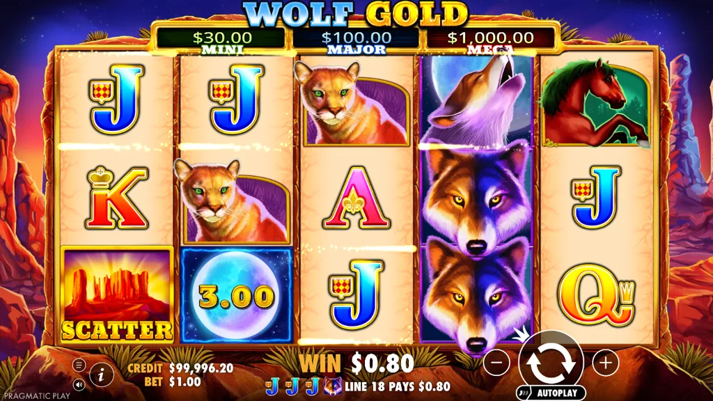 Wolf Gold Money-Respin-Symbol mit 3,00 und Jackpot-Anzeige